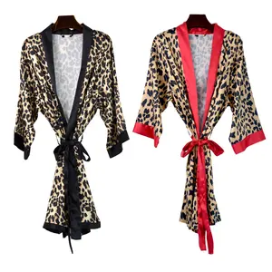 Digital Printing Leopard Print Or Floral Relax Women Silk Satin Kimono Robe Night Gown Dress