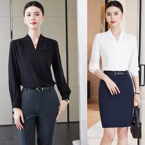 Women's V-Neck Long Sleeve Chiffon Shirt Solid Color Office Professional Blouse Polyester Fabric 2025 Autumn Style - Product Image 1
