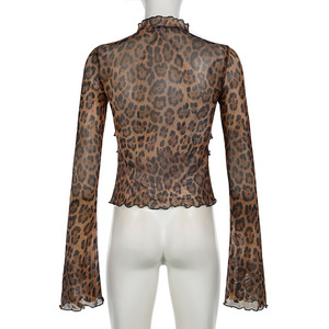 Leopar kadın T-shirt giysi gömlek ince bluz uzun kollu düzensiz kayış örgü T-shirt - Product Image 6