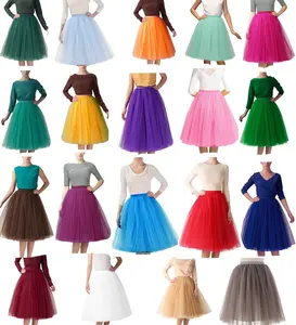 Q30428 rok kasual wanita model A-line, rok Tutu lapis Tulle panjang ruffle, rok kasual 3 lapis 25 "65CM, rok kasual bentuk A-line menyala untuk pesta