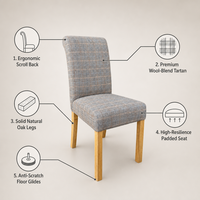 Chaise de salle à manger à dossier haut en laine mélangée à motif tartan, pieds en chêne massif, chaise d'appoint ergonomique rembourrée à dossier inclinable pour la maison, la salle à manger ou le café