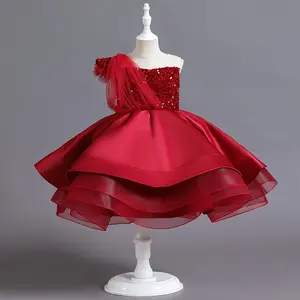 MQATZ New Arrivals Fashion Sequin Layered Dress Elegant Birthday Party Dress Up Red Dress For Kids Girl