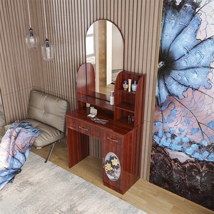 Classic <strong>Dressing</strong> <strong>Table</strong> with Mirror 80cm Makeup <strong>Table</strong> <strong>Brown</strong> MDF Bedroom <strong>Table</strong> with Metal Slider Drawers - Product Image 3