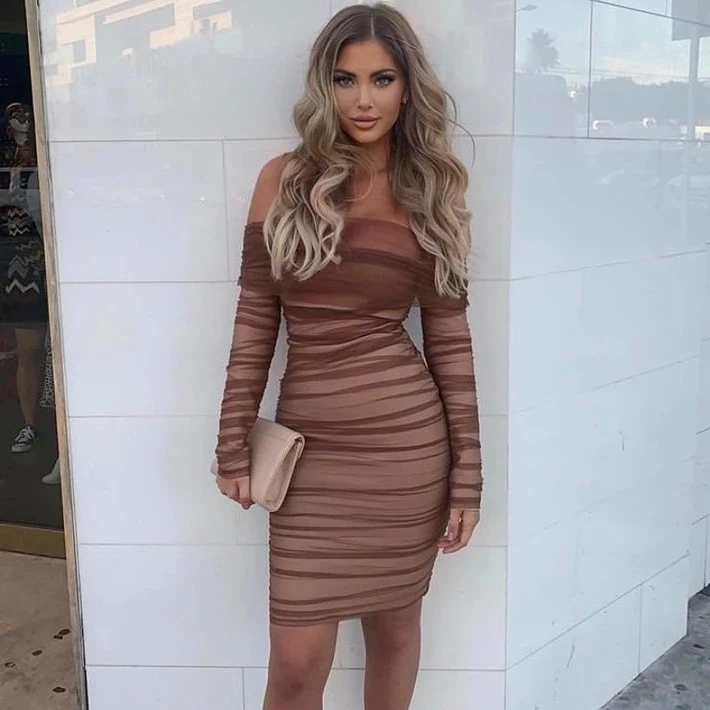 Brown off Shoulder Long Sleeve Chiffon Mesh Dress for Performance Brown off Shoulder Long Sleeve Chiffon Mesh Dress for Performance