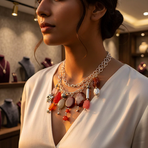 A Women's Bohemia Style 925 Silver Beaded <b>Necklace</b> with Natural Stone Pendant Link Chain Everyday Wear Jewelry From Rajasthan - Product Image 3