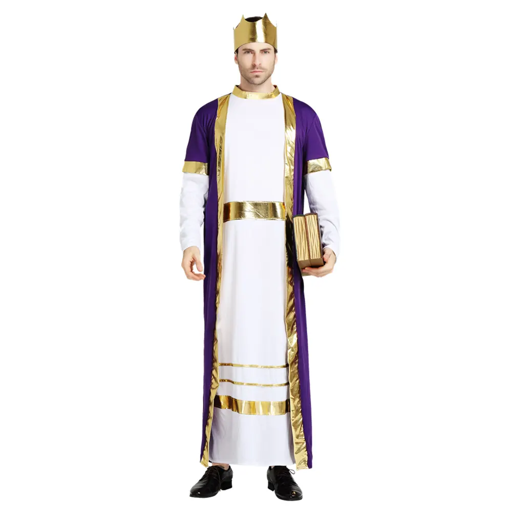 Men Luxury Arabian King Robe Costume for Halloween Cosplay Party White and Purple Dress Up with King Headband