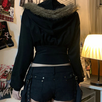 Damen Gothic Chic Streetwear Jacken Herbst Winter Goth Dunkler Kunst pelz kragen Lässig Schlanke Taille Reiß verschluss Kapuzen mäntel Kurze Länge