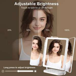 Miroir de maquillage LED multifonctionnel personnalisable à trois volets, miroir de bureau portable pliable à trois côtés avec variateur d'intensité - Product Image 4