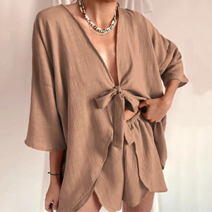 2025 nuova vestaglia Sexy Cardigan e Shorts <span class=keywords><strong>pigiama</strong></span> tinta unita indossano completi da donna - Product Image 6