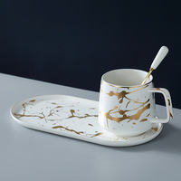 Tasse à café en céramique, de marbre doré, vendu avec assiette et soucoupes, pour le lait, le petit déjeuner, en porcelaine