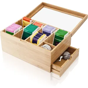 Bambu çay poşeti saklama kutusu ekstra büyük dekoratif ahşap çay poşeti saklama kutusu es xxl 8 ayarlanabilir bölücüler ve çekmeceler ile