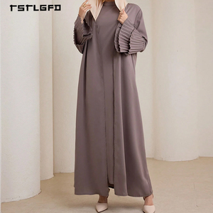 Women Mocha Brown Abaya Double Layer Pleated <b>Flared</b> Cuff Mock Neck Long Sleeve Modest Muslim Casual Elegant Maxi Dress Robe - Product Image 2
