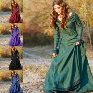 Robe de <span class=keywords><strong>reine</strong></span> médiévale Renaissance, couleur unie, robe à manches longues et col rond pour femmes, costume de jeu de rôle pour Halloween, carnaval, fête - Product Image 2