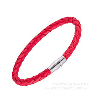 Stainless Steel Snap Buckle Leather Braided <b>Bracelet</b> <b>Red</b> Color Geometric Design Fashion Charm <b>Bracelet</b> - Product Image 1
