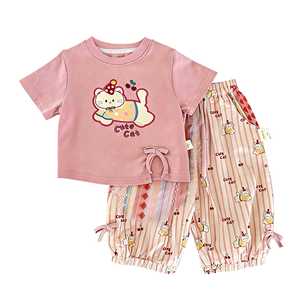 TongXingYuan Girls Summer Outfit Set Pink Cotton T-Shirt Striped Pants Cute Cat Print Two Piece Set - Product Image 5