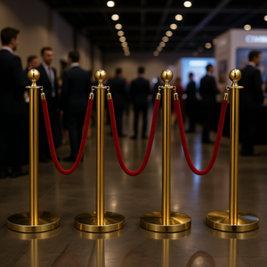 4 Postes de Acero Inoxidable Dorados con Cuerda de Terciopelo Rojo, Barrera de Control de Multitudes, Artículos para Fiestas - Product Image 2