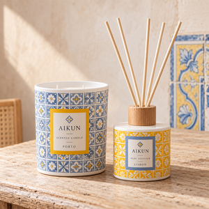 Aikun Blue Yellow Geometric Tile Ceramic Home Fragrance Gift Set with Scented Candle Reed Diffuser Carry Handle <b>Window</b> Box - Product Image 2