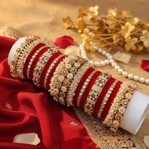 Royal Bridal Kundan and Pearl Velvet Bangles Set Elegant Pearl <b>Bracelets</b> Gold Plated Wedding Jewelry for Women - Product Image 3