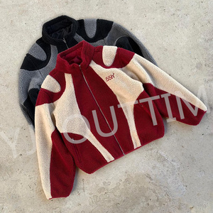 Custom Embroidery Color Block Patchwork Splicing Sweater <strong>Pullover</strong> Full Zip up Face Masked Fluffy Fleece Sherpa Hoodie <strong>Jacket</strong> <strong>Men</strong> - Product Image 1