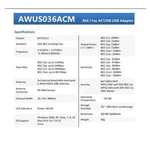 Carte réseau externe USB double bande 5G 802.11AC ALFA AWUS036ACM <span class=keywords><strong>MT7612U</strong></span> fabriquée en Chine, 10/100/1000 Mbps - Product Image 5
