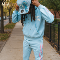 Survêtement personnalisé épais recadrée et bouffée sérigraphié pierres précieuses avec strass sweat à capuche avec fermeture éclair et rivet ensembles de sweats évasés