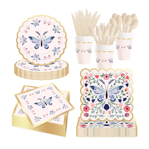 Assiettes de fête d'anniversaire personnalisées DAMAI sur le thème du papillon rose avec bord doré, ensemble d'assiettes jetables, ensemble d'assiettes en papier pour fête d'anniversaire - Product Image 1