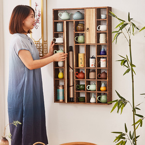Estante de exhibición montado en la pared de estilo chino, estante de almacenamiento para tetera de madera maciza, forma rectangular para decoración de sala de estar - Product Image 2