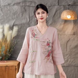 Chinese Style Embroidered Linen Blouse Women's Summer Loose Fit Tea Dress With Chinese Knot Buttons Off White Red Pink Purple - Product Image 4