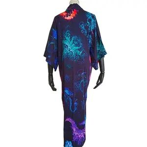 Estampa digital feminina de seda transparente, borracha longa kimono