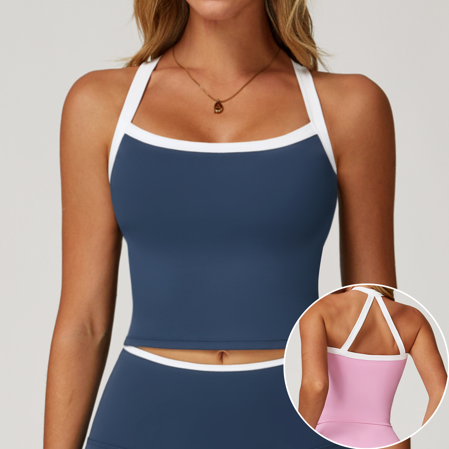 Nude Yoga Tank Contrast Binding Hollow Back Fitness Clothing Outer Wear Premium Feeling Running Sports Underwear