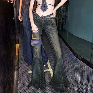 Y2K Gothic Flare Jeans Studded Low Rise Bootcut <b>Pants</b> Dark Academia Rock Roll Denim - Product Image 4