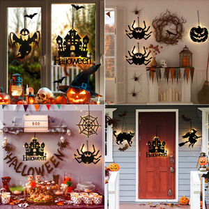 Décorations lumineuses suspendues pour Halloween, ornements LED pour fenêtres et portes, citrouille, château, fantôme, toile d'araignée, chauve-souris, chat, sorcière - Product Image 3