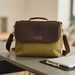 新しいデザインのグリーンキャンバス + 本革ブリーフケース高品質耐久性のある男性用キャンバスラップトップバッグカスタマイズされたロゴ付き - Product Image 5