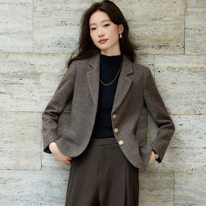 Women's Blazer Brown Gray Solid Color Woolen Fabric Single Breasted Petite Fit Autumn Winter 2025 - Product Image 1