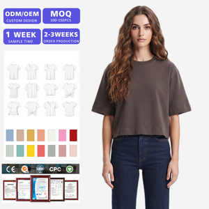 Camiseta Corta Oversize de Algodón con Hombros Caídos para Mujer, Cuello Redondo, Fabricante Mayorista OEM ODM, Marca Privada - Product Image 1