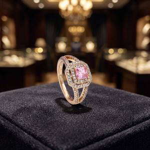 Luxury Brass Pink Square Crystal <b>Ring</b> Rose Gold Plated Double Halo Cubic Zirconia <b>Statement</b> <b>Ring</b> For Women - Product Image 2