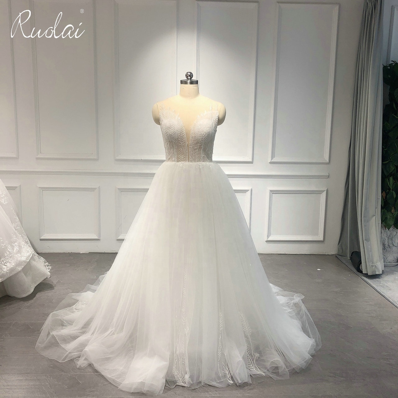 QW01157 Simple Illusion Scoop Neck Beading Lace Wedding Dress Ruffles A-Line Bride Gowns