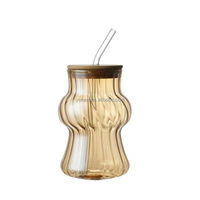 Gobelet en verre borosilicate avec couvercle en bambou et pailles, côtelé vertical, 3 couleurs