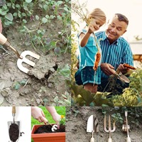 Kit d'outils de jardin avec manche en bois, 3 pièces, ensemble de bêche et cultivateur en acier inoxydable avec boîte cadeau pour jardin et parterre de fleurs