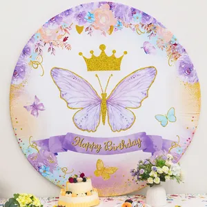 Fondale di 128cm farfalla viola sfondo fotografia festa di compleanno cerchio rotondo sfondo di buon compleanno per la fotografia
