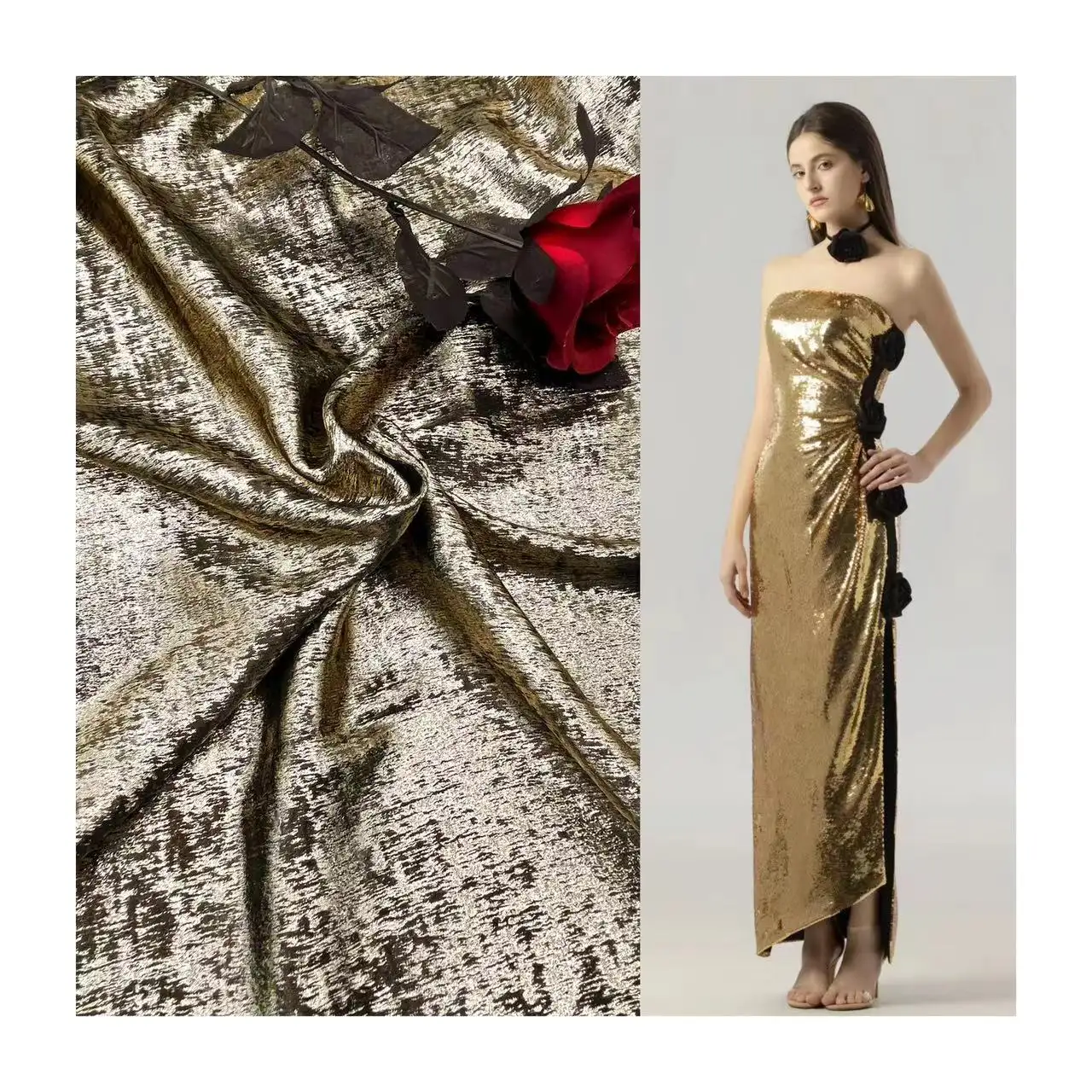 Customized color recycled polyester metallic foiled stretch chiffon fabric with glitter women's dresses