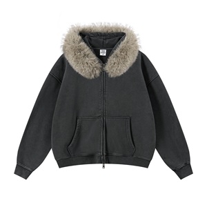 Customizable Retro Washed Oversized Box Collar <strong>Fleece</strong> <strong>Lined</strong> Thickened Cardigan Hoodie Zipper <strong>Jacket</strong> for Men - Product Image 6