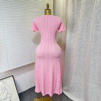 Robe midi élégante Joydressing en maille pointelle rose pour femme, col perlé, manches courtes, robes tricotées évasées, vente en gros, sur mesure