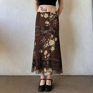 Jupe en tulle respirante à imprimé floral, style chinois vintage rustique, avec appliques, coupe trapèze, moulante et flatteuse pour femme - Product Image 4