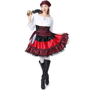Costume d'Halloween XJHalloween - Tenue de pirate féminine pour performance de cosplay avec dentelle rayée rouge - Product Image 4