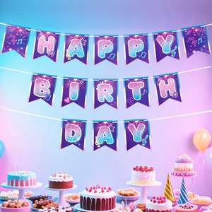 Guirnalda <span class=keywords><strong>de</strong></span> Banderines con Brillo <span class=keywords><strong>de</strong></span> <span class=keywords><strong>Feliz</strong></span> <span class=keywords><strong>Cumpleaños</strong></span>, Degradado Morado y Azul, con <span class=keywords><strong>Notas</strong></span> <span class=keywords><strong>Musicales</strong></span>, Decoración para Fiestas Infantiles - Product Image 3