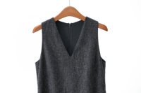 Robe mini sans manches en mélange de laine pour femme, col en V, coupe trapèze, doublée, en tweed gris foncé, robe de bureau d'hiver, vente en gros personnalisée