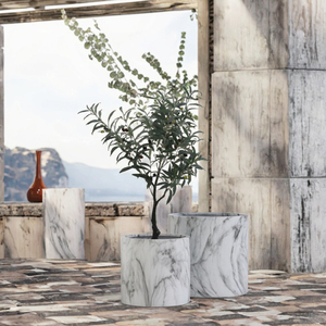 Grand pot <span class=keywords><strong>rond</strong></span> en fibre de verre effet marbre avec plateau pour la décoration du sol de la maison et du jardin - Product Image 1