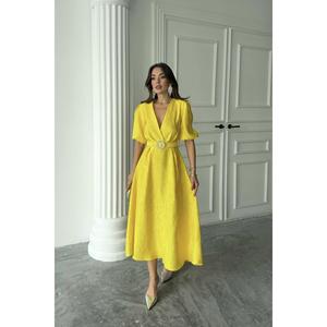 Robe portefeuille jaune chatoyante ceinturée en tissu tissé, taille naturelle, respirante, pour le bureau - Product Image 2