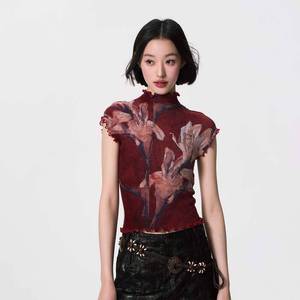 Kaos Wanita Leher Tinggi Motif Bunga Elegan Kemeja Kasual Baru Wanita Kemeja Musim Panas Wanita Atasan Blus Modis Wanita - Product Image 4